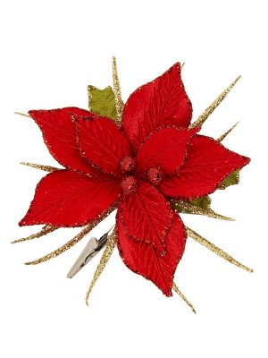 Новогоднее ёлочное украшение Красный цветок с листиками из полиэстера, на клипсе из черного металла / 11x14x14см арт.87436