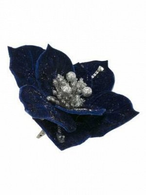 Новогоднее ёлочное украшение Цветок синий с серебром, 22x22x17