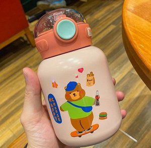 Бутылка-термос, принт "Медведь на скейте", цвет светло-розовый