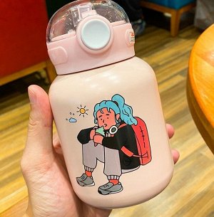 Бутылка-термос, принт "Девушка с рюкзаком", цвет светло-розовый