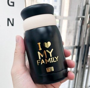 Бутылка-термос, надпись "I love my family", цвет черный