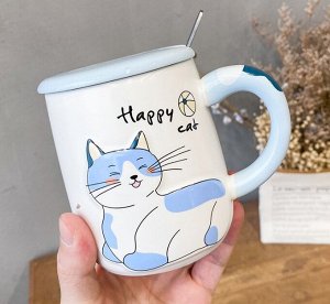 Кружка с крышкой и ложкой, принт "Кот", надпись "Happy cat", цвет белый/голубой