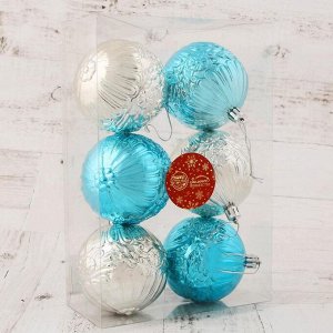 Набор шаров пластик d-7 см, 6 шт "Цветочный шар" серебристо-голубой