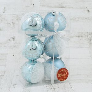 Набор шаров пластик d-8 см, 6 шт "Заснеженный лес" бело-голубой