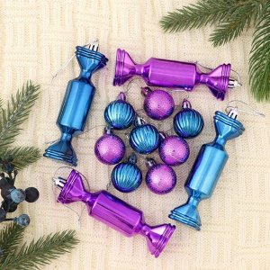Набор украшений пластик 12 шт "Конфетный бум" (4 конфеты-10х3 см,8 шаров-3 см) синий, фиолет   49627
