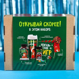 Гифтбокс «Ярких открытий»: чай 50 г., драже 80 г., шоколад 20 г., термостакан 350 мл., леденец 15 г.