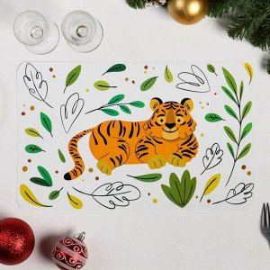 Салфетка на стол "Тигр" нарисованный символ года, листья, белый фон, ПВХ, 40 х 25 см.