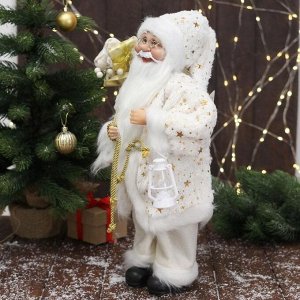 Дед Мороз "В белой звёздной  шубке, с фонарём" 45 см