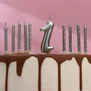 Набор свечей для торта (2 в 1) серебряная Цифра "1" + Свечи "С Днём Рождения" серебро 10шт