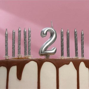 Набор свечей для торта (2 в 1) серебряная Цифра "2" + Свечи "С Днём Рождения" серебро 10шт