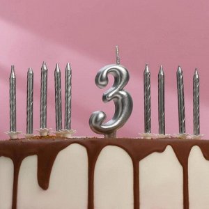 Набор свечей для торта (2 в 1) серебряная Цифра "3" + Свечи "С Днём Рождения" серебро 10шт