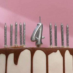 Набор свечей для торта (2 в 1) серебряная Цифра "4" + Свечи "С Днём Рождения" серебро 10шт