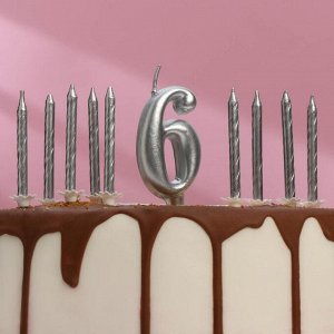 Набор свечей для торта (2 в 1) серебряная Цифра "6" + Свечи "С Днём Рождения" серебро 10шт