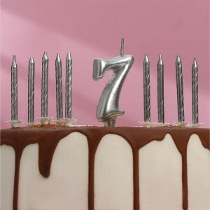 Набор свечей для торта (2 в 1) серебряная Цифра "7" + Свечи "С Днём Рождения" серебро 10шт