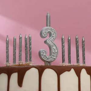 Набор свечей для торта (2 в 1) серебряный узор Цифра "3" + Свечи "С Днём Рождения" 10 шт