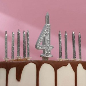 Набор свечей для торта (2 в 1) серебряный узор Цифра "4" + Свечи "С Днём Рождения" 10 шт
