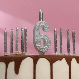 Набор свечей для торта (2 в 1) серебряный узор Цифра "6" + Свечи "С Днём Рождения" 10 шт