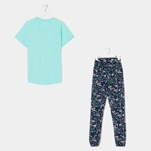 Комплект, женский, (футболка, брюки), цвет, мятный/синий/цветы.