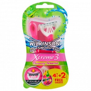 Бpuтвы oднopaзoвые Wilkinson Sword Schick Xtreme3 Beauty Sensitive, женckuе, 4+2 шт.