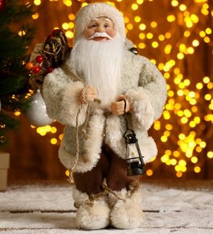 Дед Мороз в белой шубке с фонариком и мешком