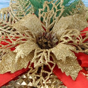 Украшение новогоднее "Колокольчик тройной" ребристый с цветком, 25х30 см, золотисто-красный