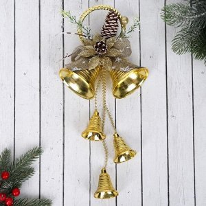 Украшение новогоднее "Колокольчики с шишкой и цветком" 15х35 см, золото