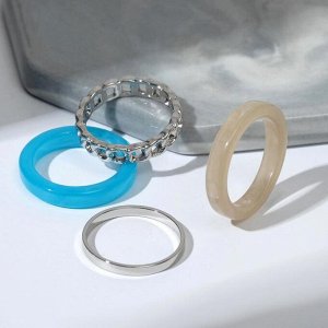 Кольцо набор 4 штуки "Кристаллы" арабика, цвет бежево-голубой в серебре, размер в ассортименте