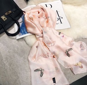 Шелковый женский шарф, принт "бабочки", цвет розовый