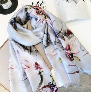 Шелковый женский шарф, принт "цветы", цвет серый