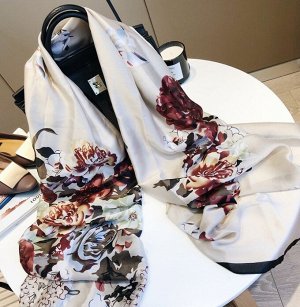 Шелковый женский шарф, принт "цветы", цвет бежевый