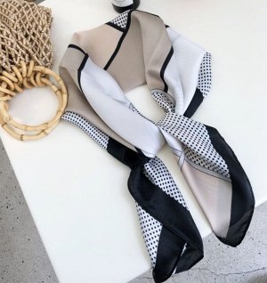 Шелковый женский платок, принт "геометрия",  цвет кофейный/белый/черный