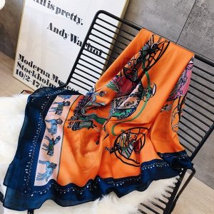 Шелковый женский шарф, принт "карета", цвет оранжевый