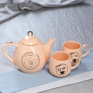 Набор чайный "Петелька", персиковый, глазурь, 3 предмета: чайник 0.8 л, чашки 0.22 л