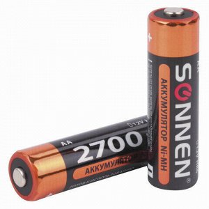 Батарейки аккумуляторные SONNEN, АА (HR06), Ni-Mh, 2700 mAh, 2 шт., в блистере, 454235