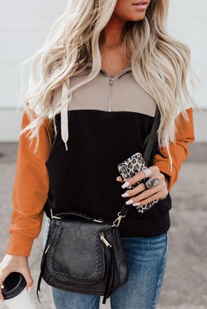 Черный пуловер-худи с воротником на молнии и оранжевыми рукавами