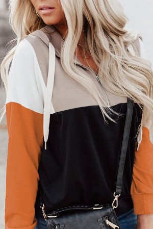 Черный пуловер-худи с воротником на молнии и оранжевыми рукавами