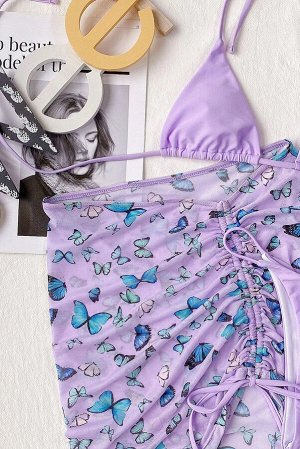 Сиреневый купальный комплект из 3 частей: треугольный бюстгальтер халтер + плавки с высокой талией + пляжная юбка на завязках с принтом бабочки