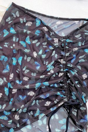 Черный купальный комплект из 3 частей: треугольный бюстгальтер халтер + плавки с высокой талией + пляжная юбка на завязках с принтом бабочки