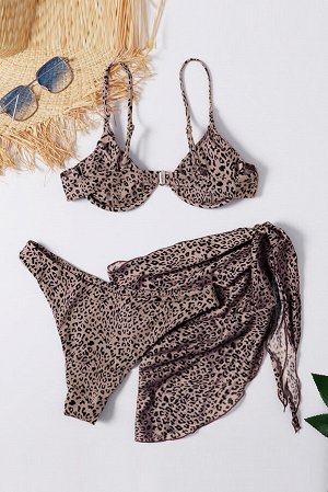Коричневый леопардовый купальник бикини + пляжная юбка-саронг