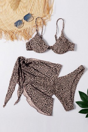 Коричневый леопардовый купальник бикини + пляжная юбка-саронг