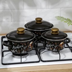 Набор кастрюль 3 шт, (1 л, 1,5 л, 2,3 л), цилиндр., обод, эмаль. сталь, корич, АРАБИКА-1