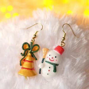 Серьги "Новогодние" игрушки, снеговик и колокольчик, цвет бело-жёлтый