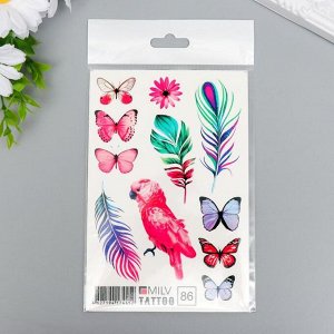 Татуировка на тело "Перья, бабочки" 10х15 см