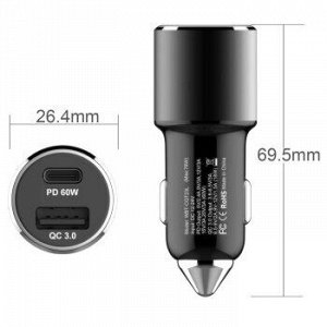 Развет.гнезда прик. /черный/, 2 USB, PD3.0/PPS выход : 5V/2.4A,9V/3A,12V/3A, 15V/3A,20V/3.25A(60W)QC3.0 выход : 3.6-6.5V/3A?6.5-9V/2A?9V-12V/1.5A (18W)