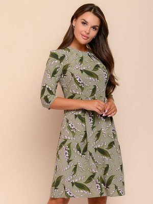 Платье зеленое с цветочным принтом и оригинальными защипами на горловине