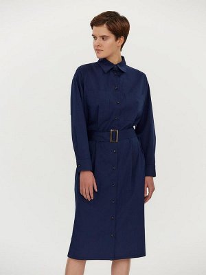 Платье-рубашка темно-синее с накладными карманами и поясом