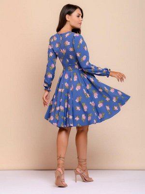 Платье синее с цветочным принтом и длинными рукавами