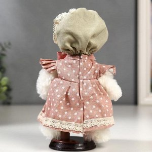 Кукла интерьерная "Мишка в чепчике и в розовом платье в горошек" 25 см