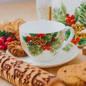 Чайная пара фарфоровая Доляна «Рождество», 2 предмета: чашка 280 мл, блюдце d=15 см