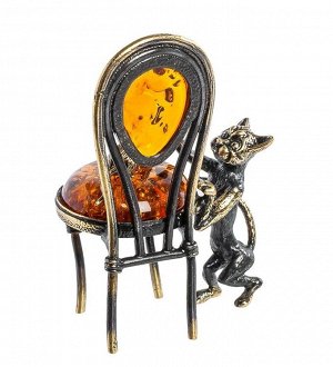 Фигурка «Кот и мышка на стуле» (латунь, янтарь)
